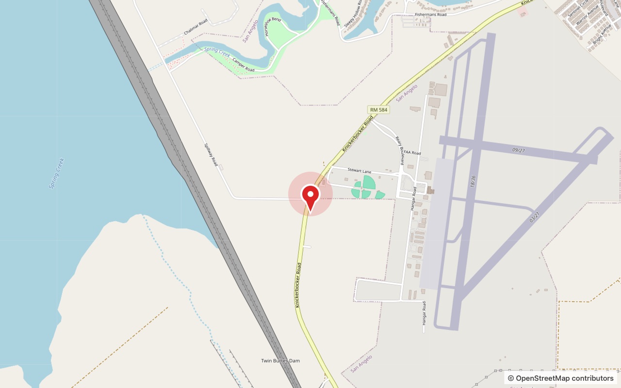 Map showing Angelo Paintball on Knickerbocker Road, opposite Mathis Field Airport